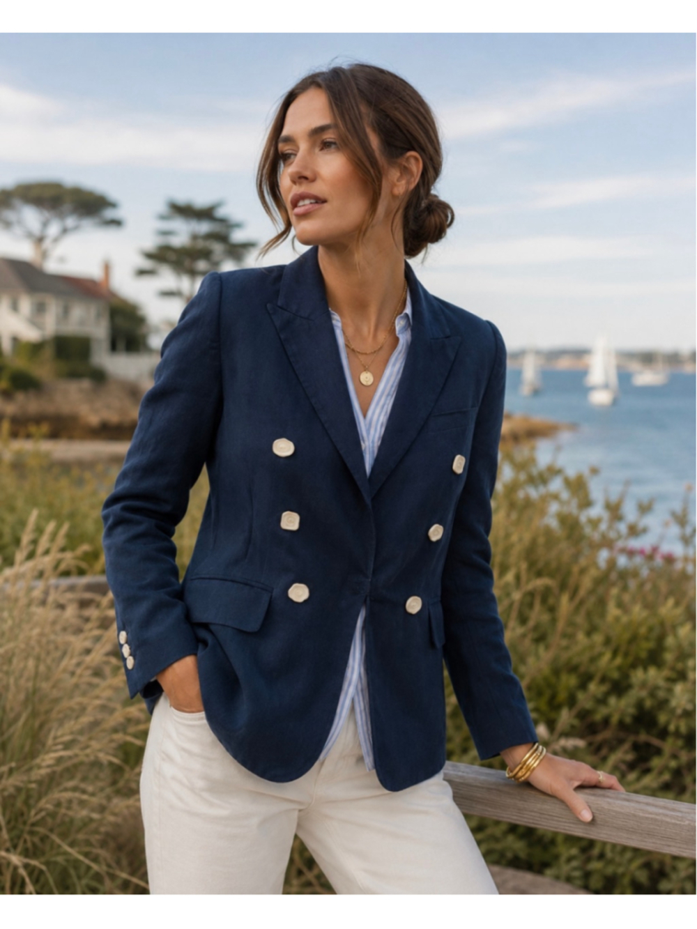 Jason Wu Navy Linen Blend Double Breasted Blazer Nautical Gold Buttons Coastal S